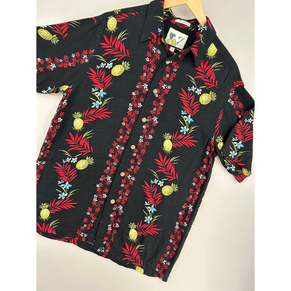 Ron Chereskin Mens Sz M Hawaiian Shirt Black Pineapple Tropical Rayon Button Up